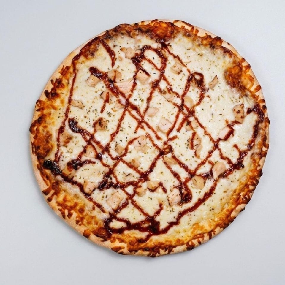 A whole BBQ chicken pizza with white cheese, chicken pieces, and a dark sauce drizzle.