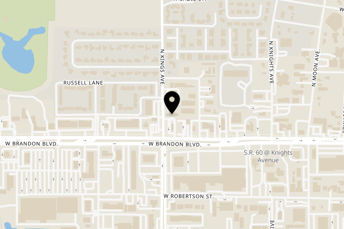 Map showing the location of Babe's Pizza on 107 N Kings Ave in Brandon
